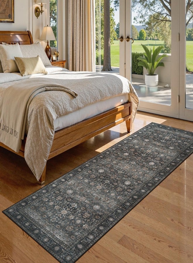 Collive Washable Hallway Runner Rugs, 2'6''x8' Long Kitchen Runners Rug Non Slip Low Pile Entryway Indoor Door Mats, Black Vintage Boho Soft Bathroom Carpet Runner for Laundry, Bedroom - Image 4